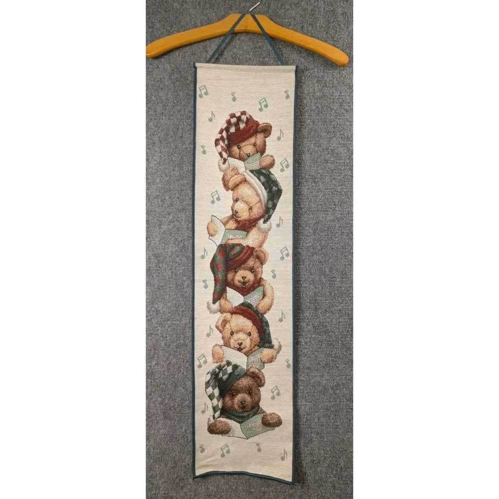 Christmas Teddy Bear Carolers Tapestry Wall Hanging Holiday Decor Woven 34x9
